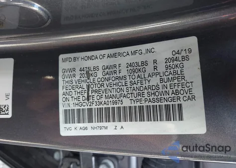 2019 Honda Accord Sport 2.0T из США, поврежденный, VIN 1HGCV2F33KA019975